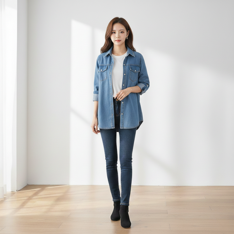 Blue denim shirt over a white shirt on a beige background